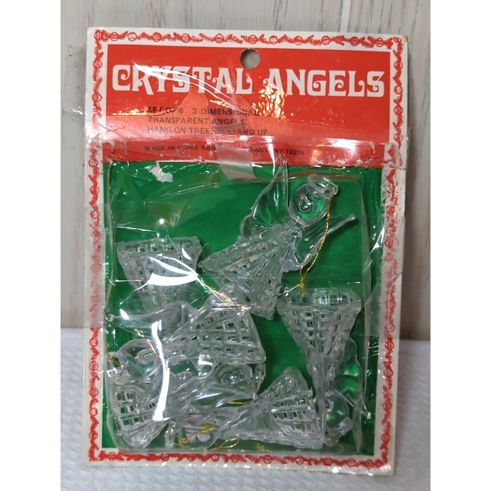 Vintage set 6 Clear Plastic crystal Angels Christmas Ornaments Blown Glass Look